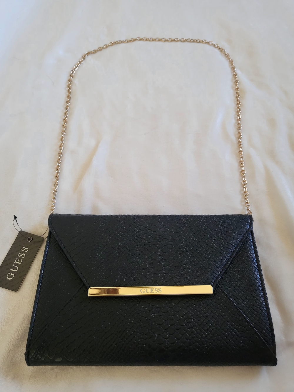 GUESS Black Envelope Clutch with Gold Bar and Chain